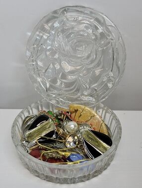 Clear Glass Trinket Dish with Rose Lid Filled With Earrings